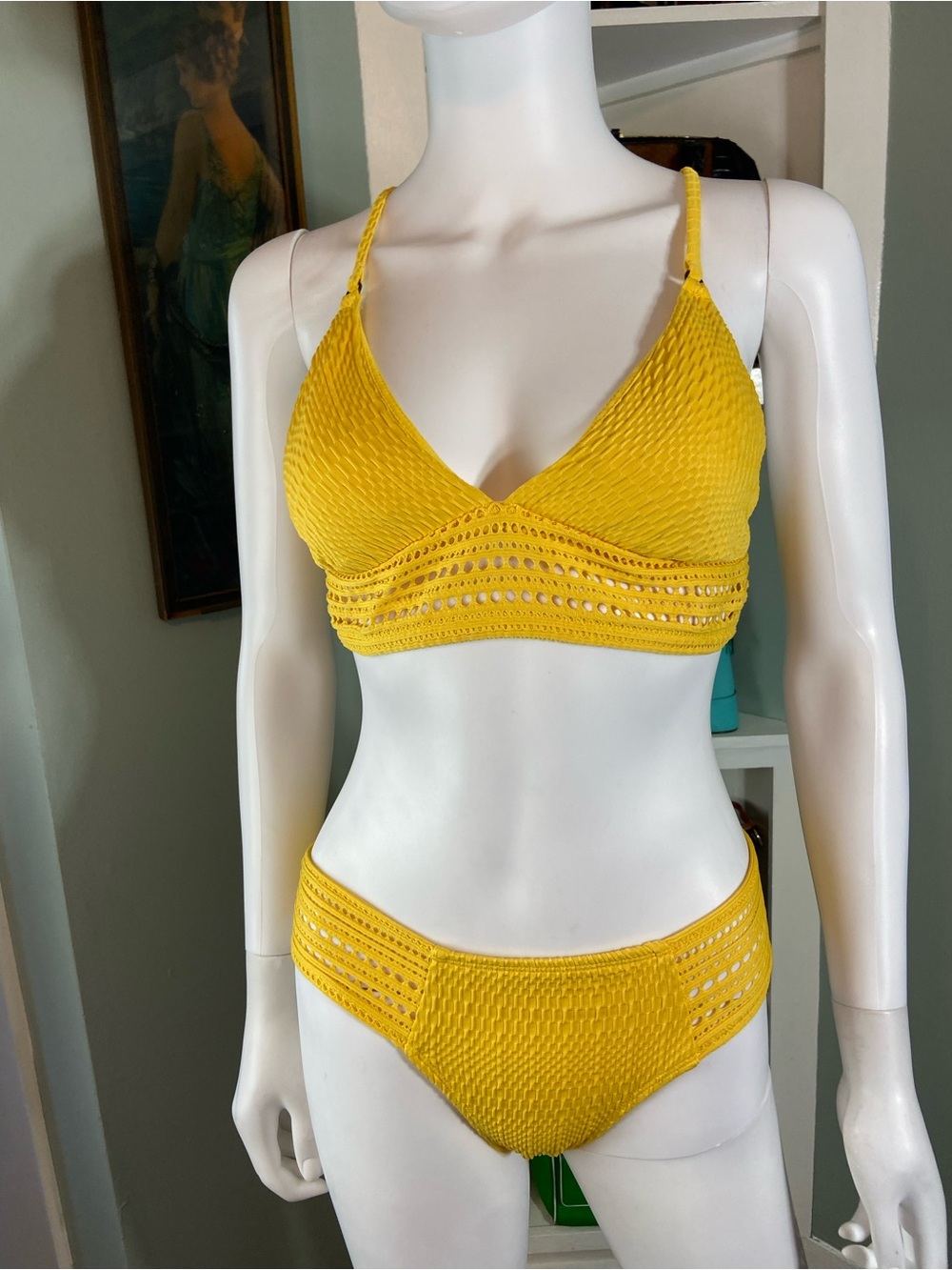 Robin Piccone Bright Yellow Crochet Style Cut Out Bikini Set S/M